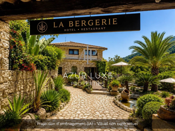 Entrance to a former hotel-restaurant with terrace, palm tree and exposed stone in Castillon.