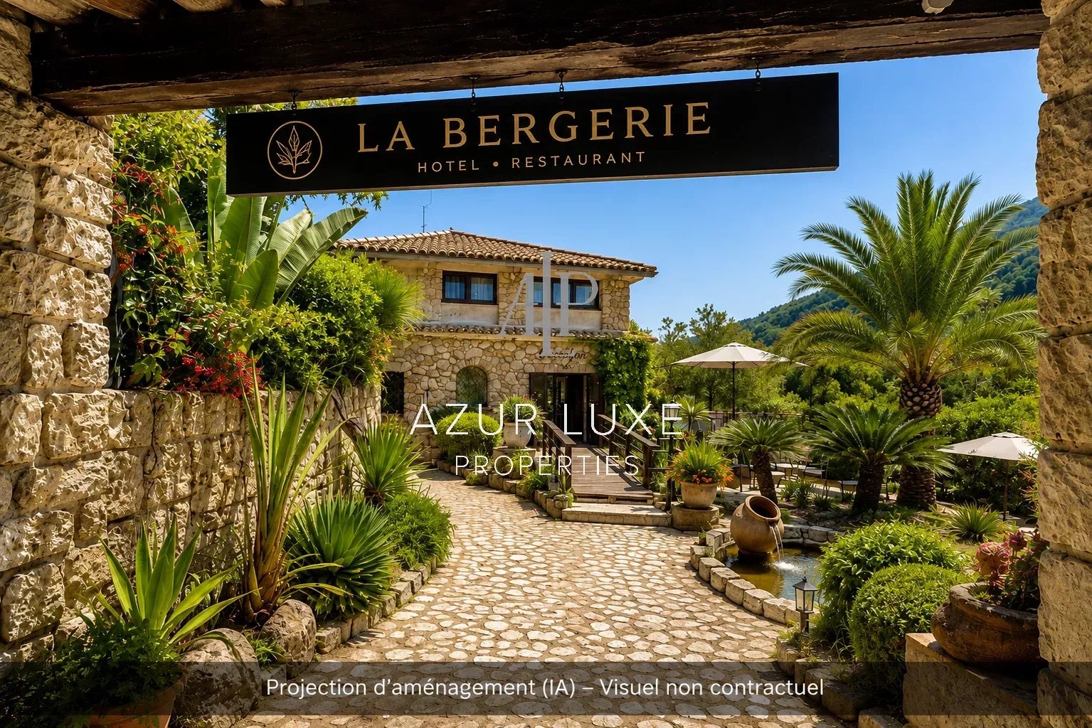 Former Hotel-Restaurant in Castillon Entrance to a former hotel-restaurant with terrace, palm tree and exposed stone in Castillon.
