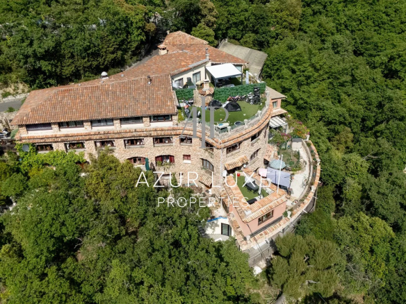 Aerial view of a former hotel-restaurant in Castillon, surrounded by greenery, with a view of the sea.