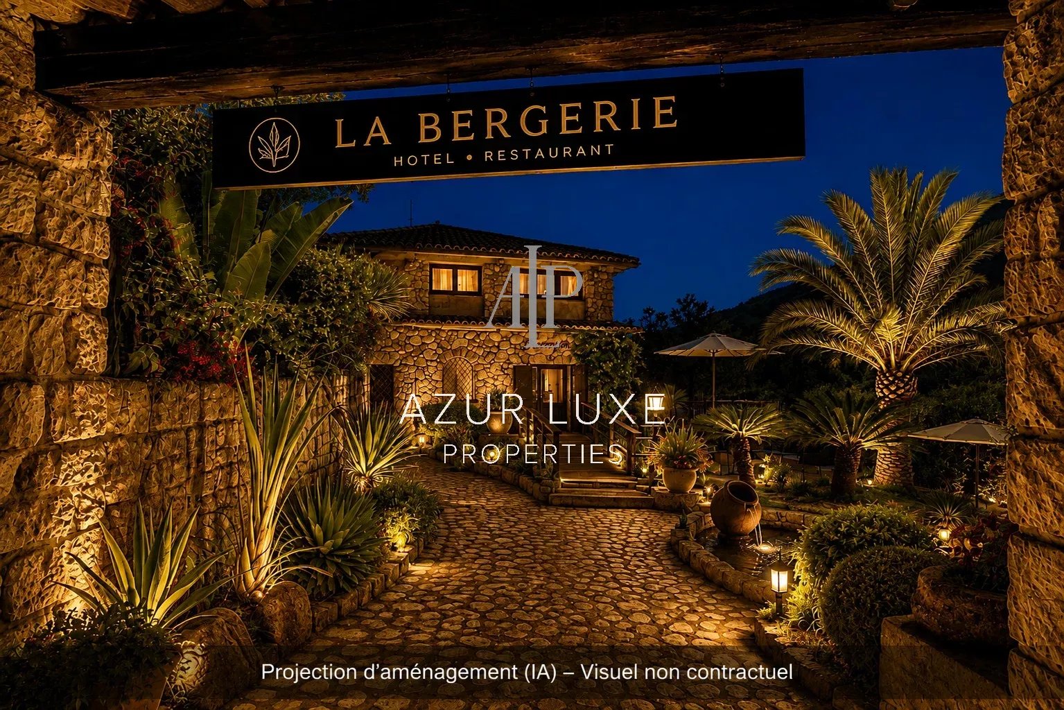 Former Hotel-Restaurant in Castillon Entrance to a former hotel-restaurant with a garden, illuminated at night in Castillon.