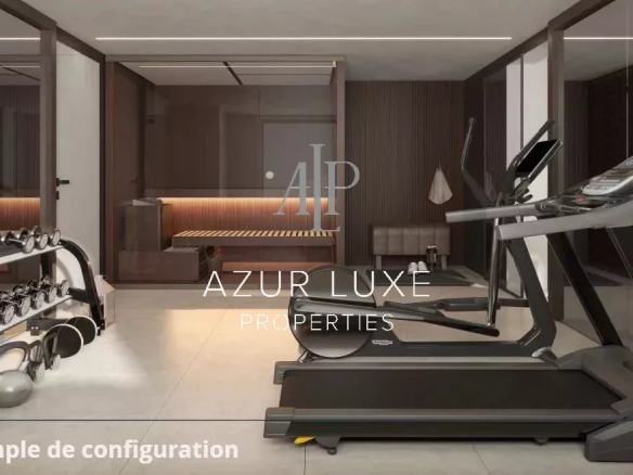Salle de sport moderne avec équipements de fitness, éclairage doux et espace bien agencé.