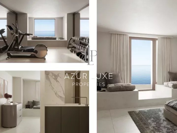 Intérieur d'une villa moderne avec vue sur la mer, équipements de fitness et décoration élégante.