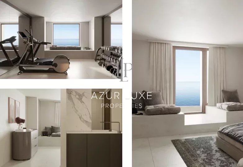 Intérieur d’une villa moderne à Roquebrune-Cap-Martin Intérieur d'une villa moderne avec vue sur la mer, équipements de fitness et décoration élégante.