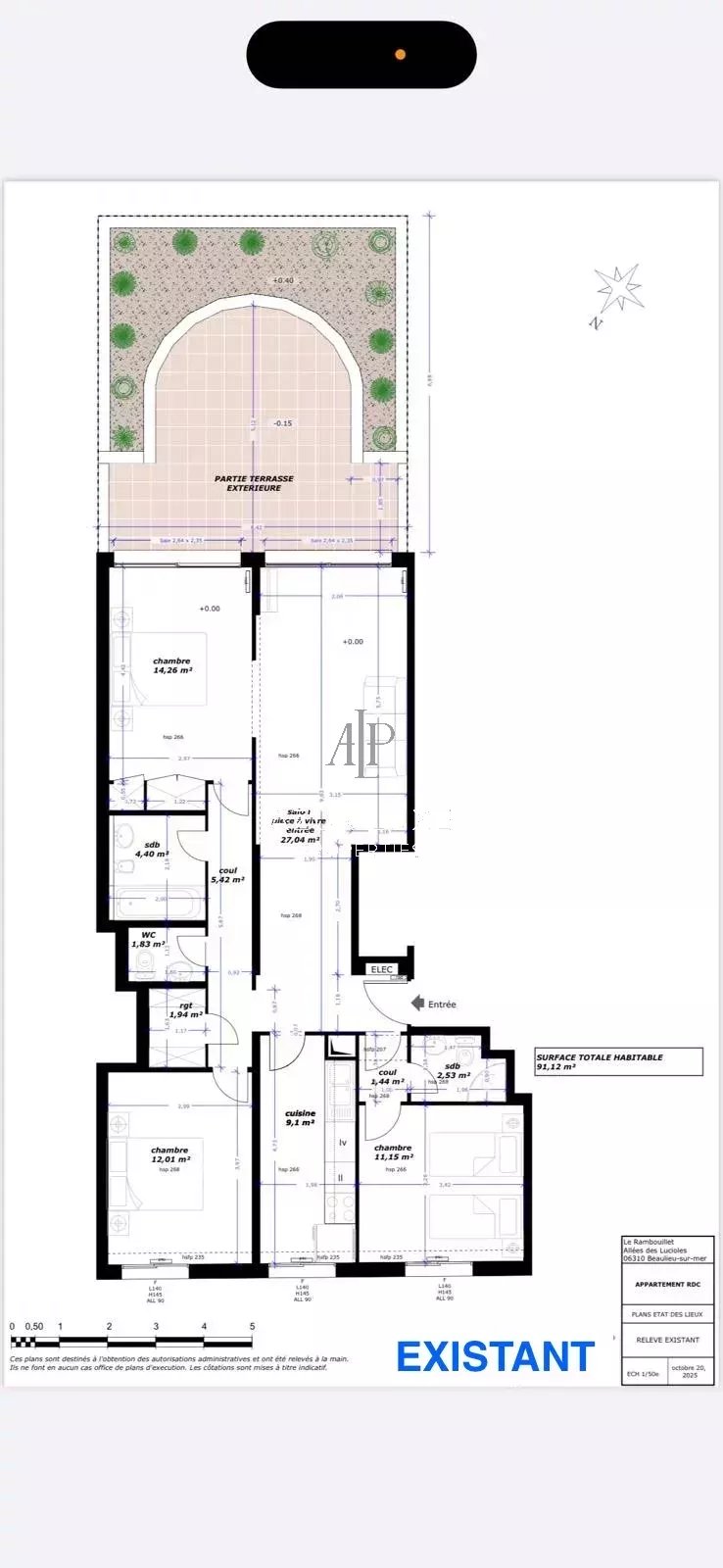 Apartment floor plan for renovation Floor plan of a 4-room apartment to renovate with terrace, garage and cellar in Beaulieu-sur-Mer.