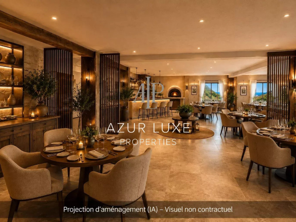 Interior of a former hotel-restaurant with set tables and warm decor.