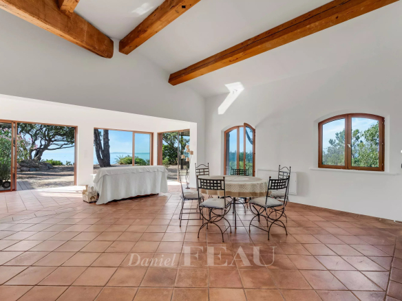 Interior of a bright villa with sea views in Rayol-Canadel-sur-Mer.