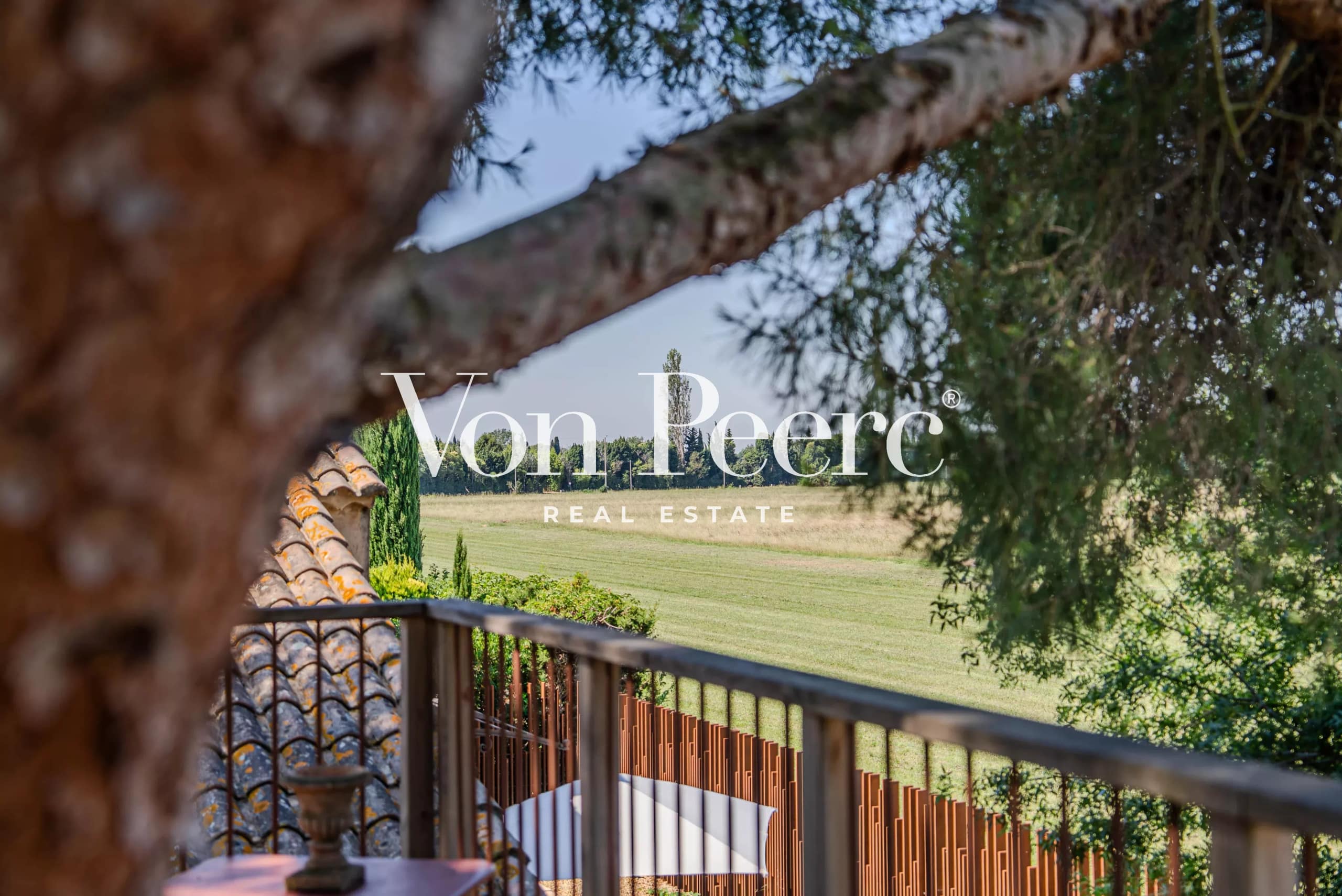 Vue d'un mas provençal rénové avec un parc paysager à Arles, entouré de prairies et d'arbres.