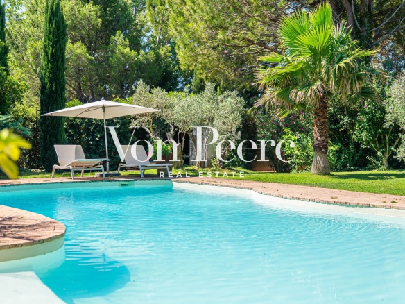 Piscine entourée de verdure dans un mas provençal rénové près d'Arles.