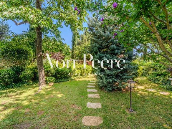 Jardin d'un mas provençal avec allée en pierre et végétation luxuriante, près d'Arles.
