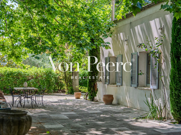 Terrasse ombragée d'une propriété provençale avec des plantes et des pots, en pleine verdure.