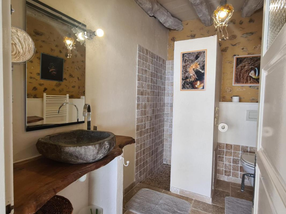 Salle de bain avec douche et lavabo en pierre, murs en pierre apparente