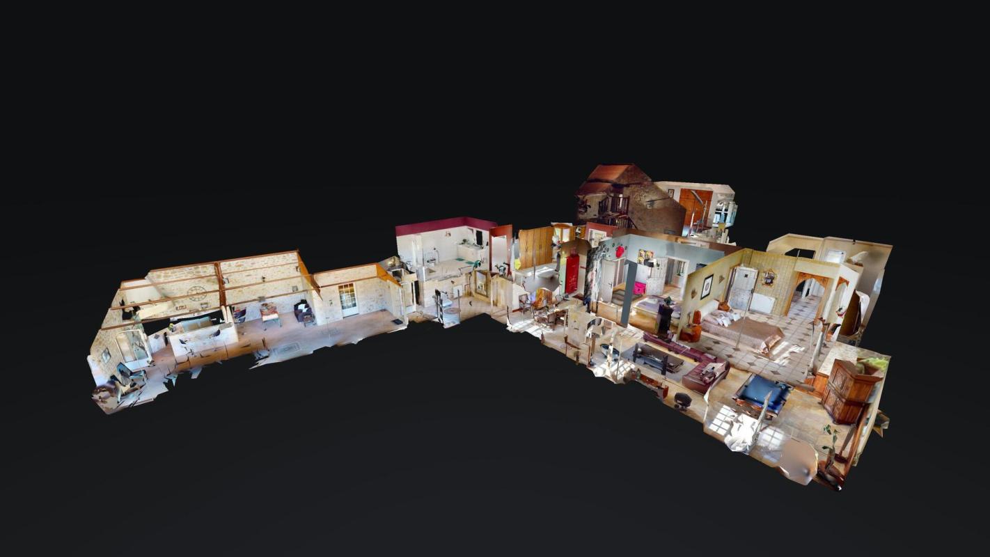 Vue en 3D d'une belle demeure en pierres, intérieur spacieux et bien agencé.