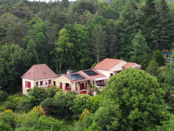 Exclusivité! Nichée dans un coin de verdure sur les hauteurs de Montignac avec très belle vue, propriété comprenant une grande maison principale et une maison d’amis sur 1,6 ha. Piscine couverte. Nombreuses terrasses