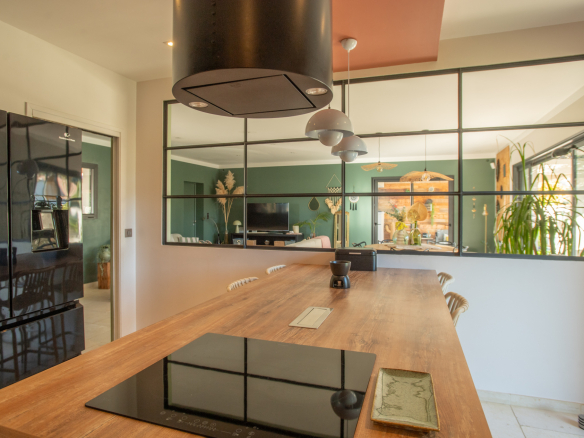 Long wooden kitchen island with an electric cooktop, black range hood above, and three metal pendant lights; glass-panel divider opens to a green-walled living area with plants and furniture.