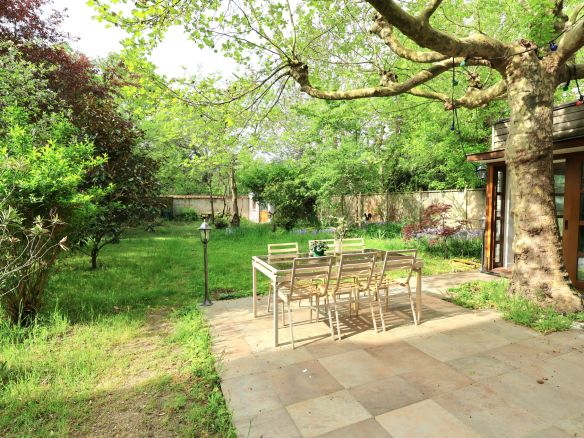 Outdoor patio with a wooden dining table and eight chairs beneath a large tree in a lush backyard garden.
