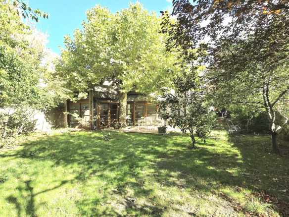 Sunlit backyard with a glass-walled house framed by green trees and a grassy lawn.
