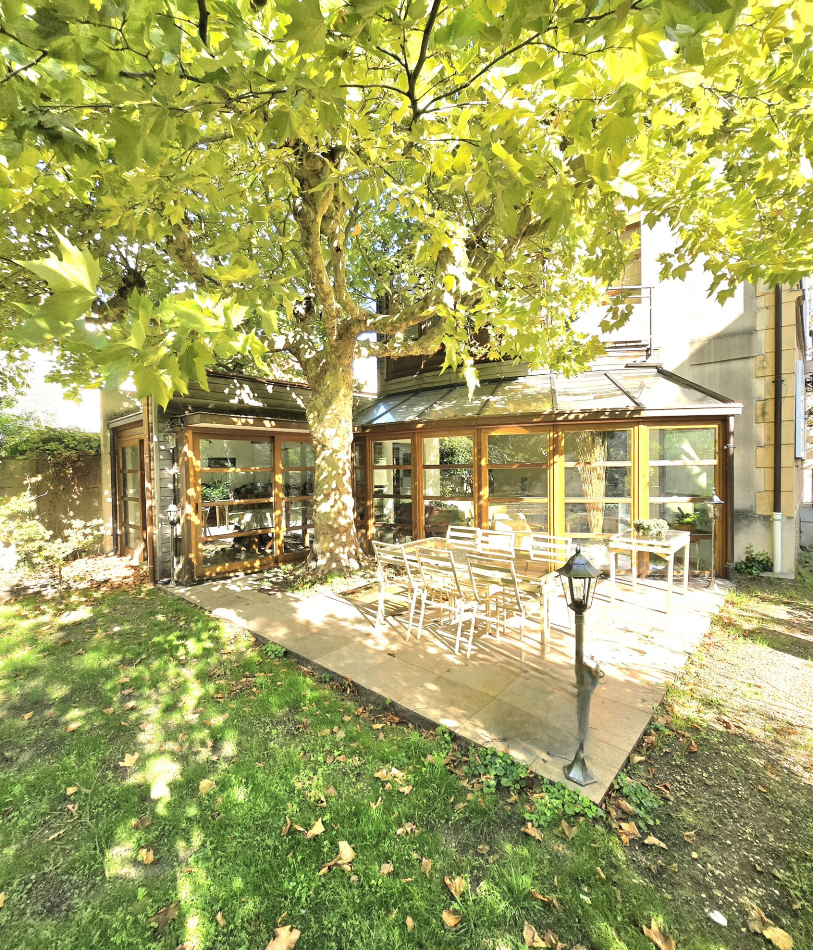 Sunlit patio with white chairs around a long table under a large tree beside a glass-walled conservatory.
