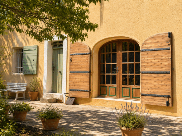 Entrée d'un mas provençal avec volets en bois et portes vitrées, entouré de plantes et d'une allée.