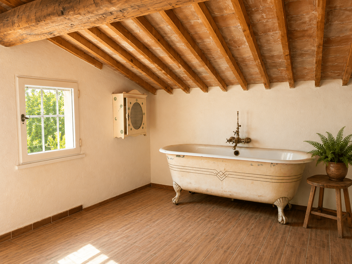 Salle de bain avec baignoire sur pieds et plafond en bois à Aubagne.