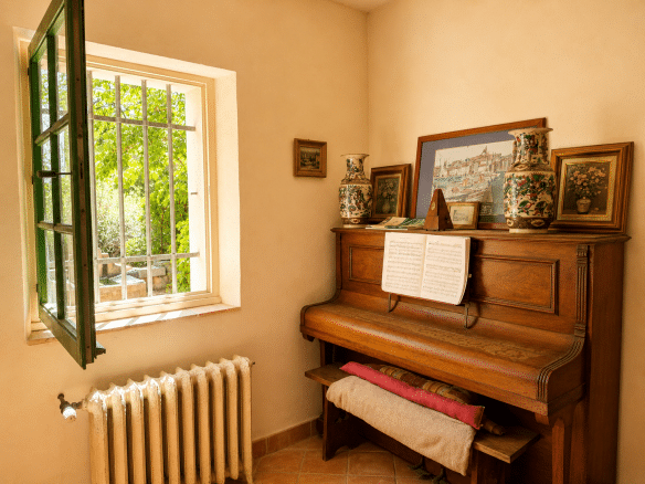 Intérieur d'un mas provençal avec un piano, des vases décoratifs et une fenêtre ouverte.