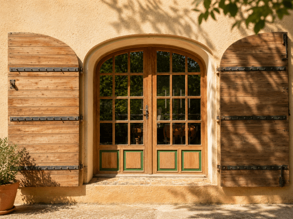 Fenêtre en bois avec volets battants en bois, mas provençal à Aubagne.