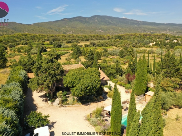Vue aérienne d'une propriété à Bédoin avec piscine et oliviers, Mont Ventoux en arrière-plan.