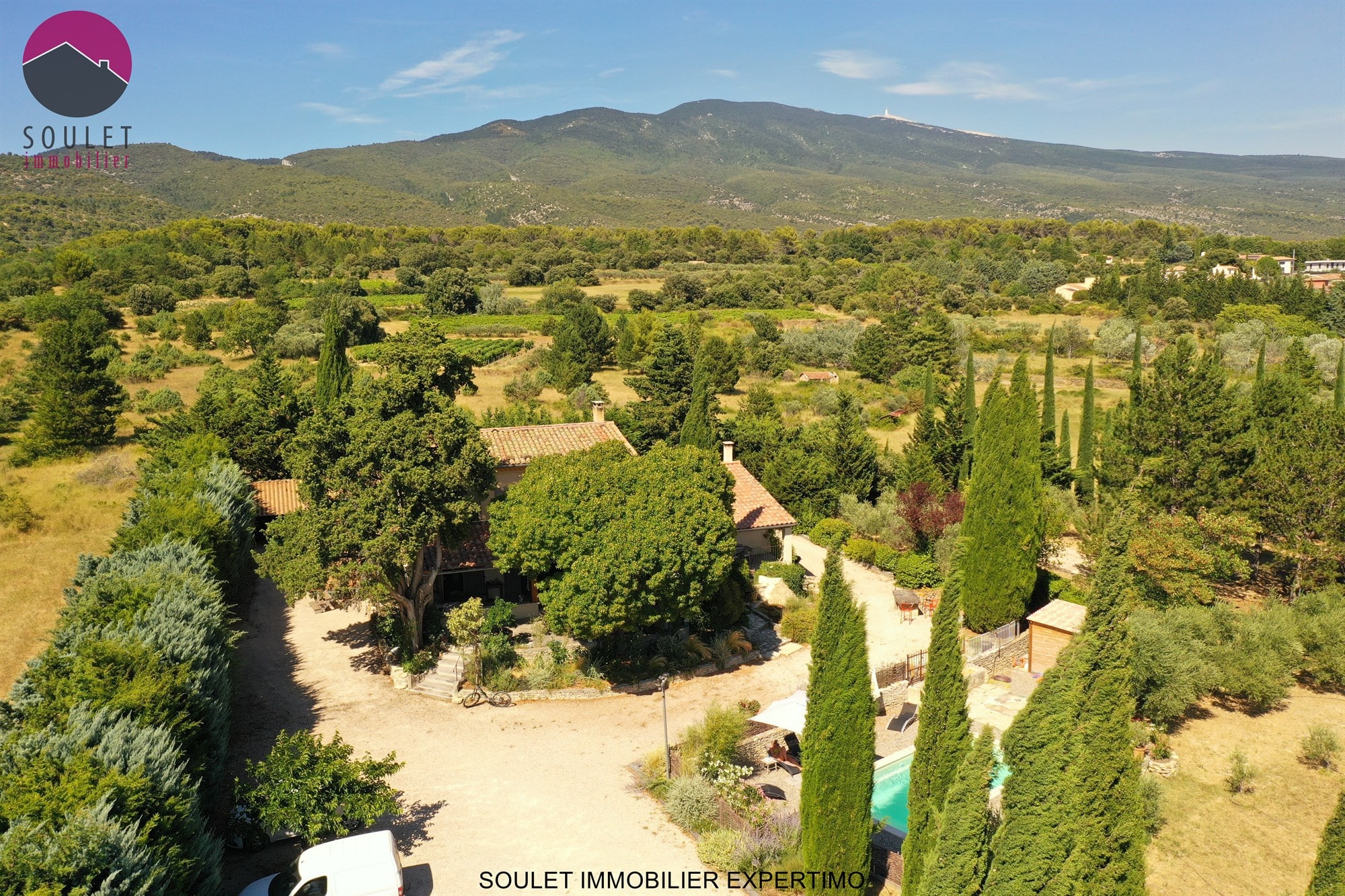 Vue aérienne d'une propriété à Bédoin avec piscine et oliviers, Mont Ventoux en arrière-plan.