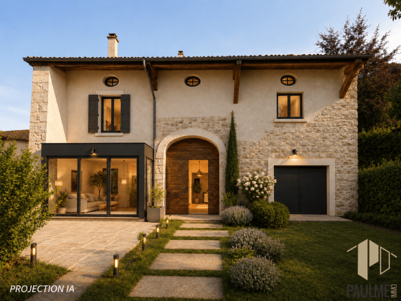 Maison rénovée avec façade en pierre et jardin à Ornex.