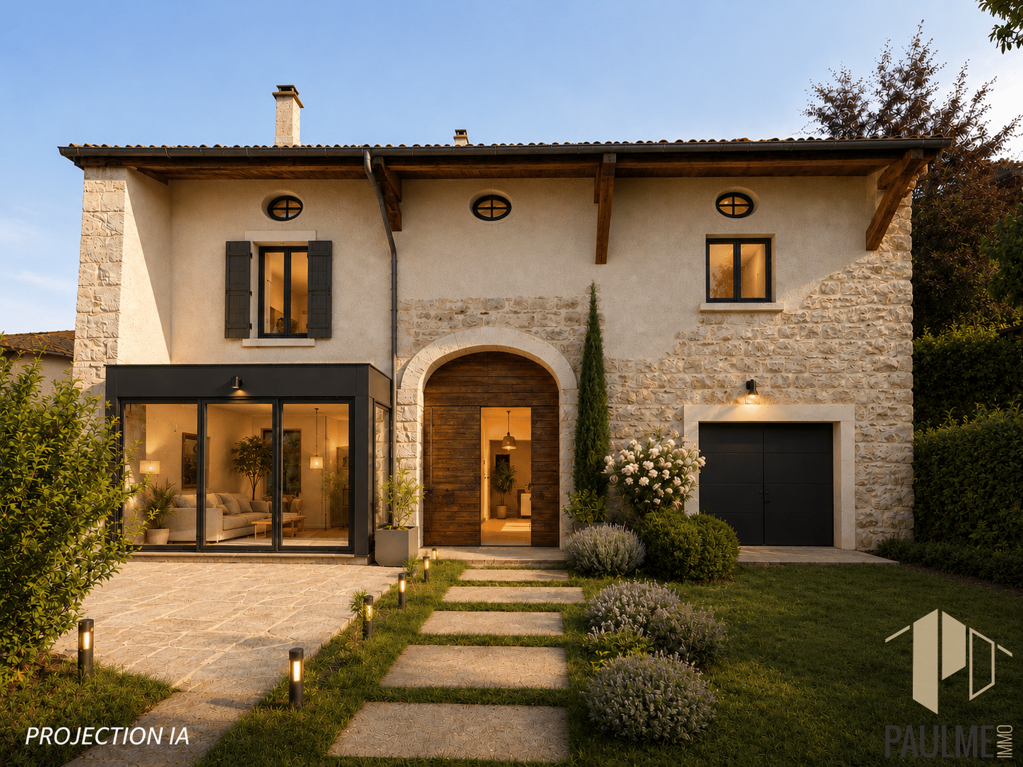 Maison rénovée avec façade en pierre et jardin à Ornex.