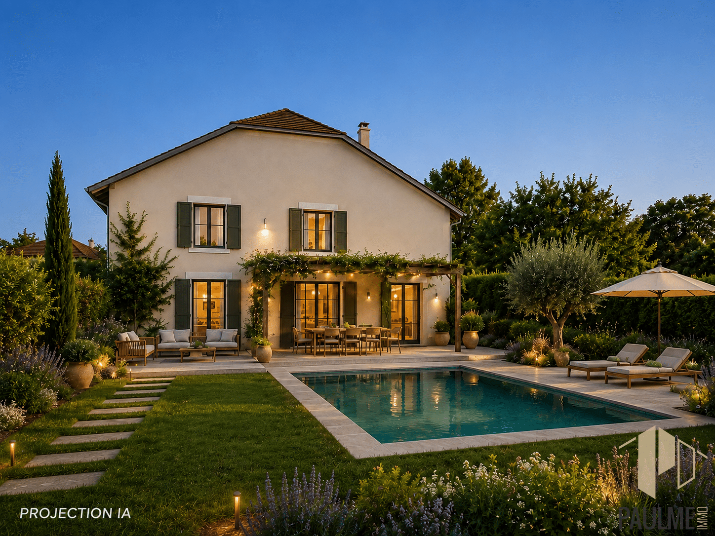 Maison avec piscine et jardin à Ornex, éclairée par la lumière du soir.