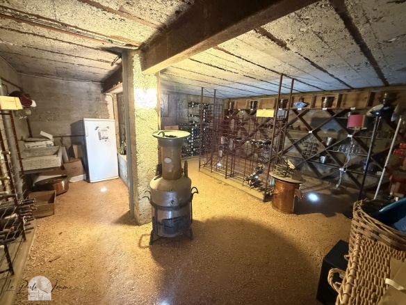 Cave à vin aménagée avec rangement et éclairage, murs en pierre apparente.