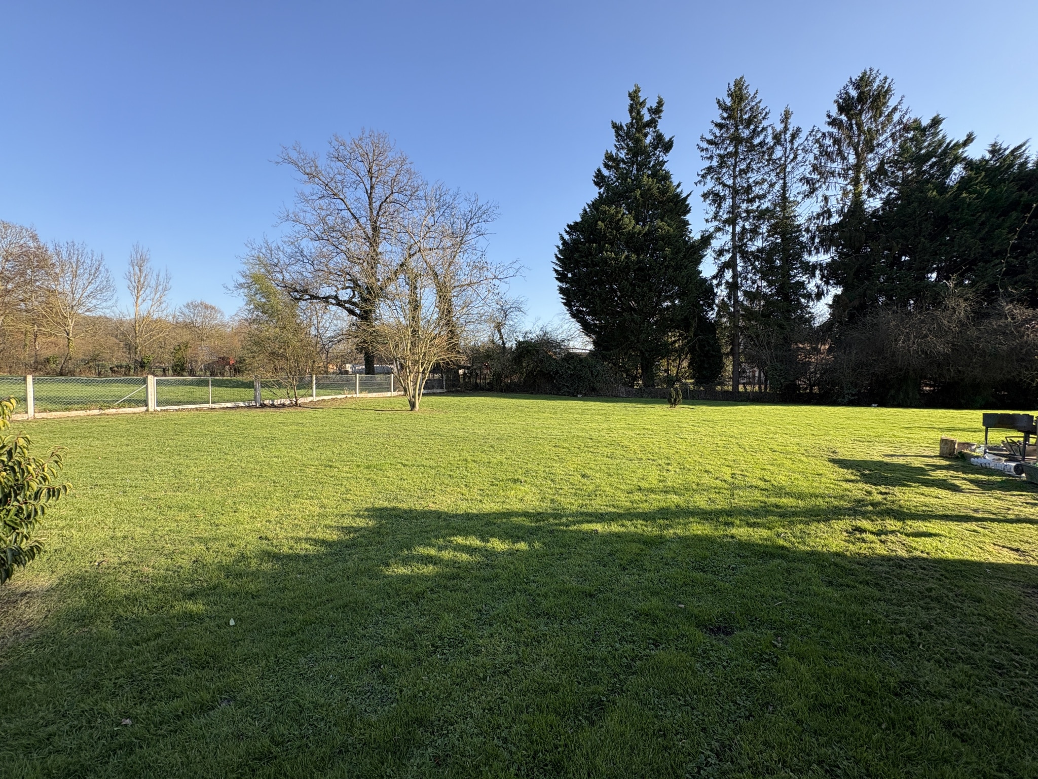 Grand jardin verdoyant avec arbres et pelouse bien entretenue.