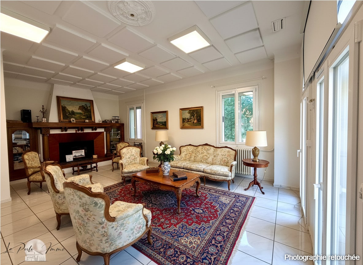 Intérieur d'une maison de maître à Perpignan avec salon lumineux et mobilier ancien.