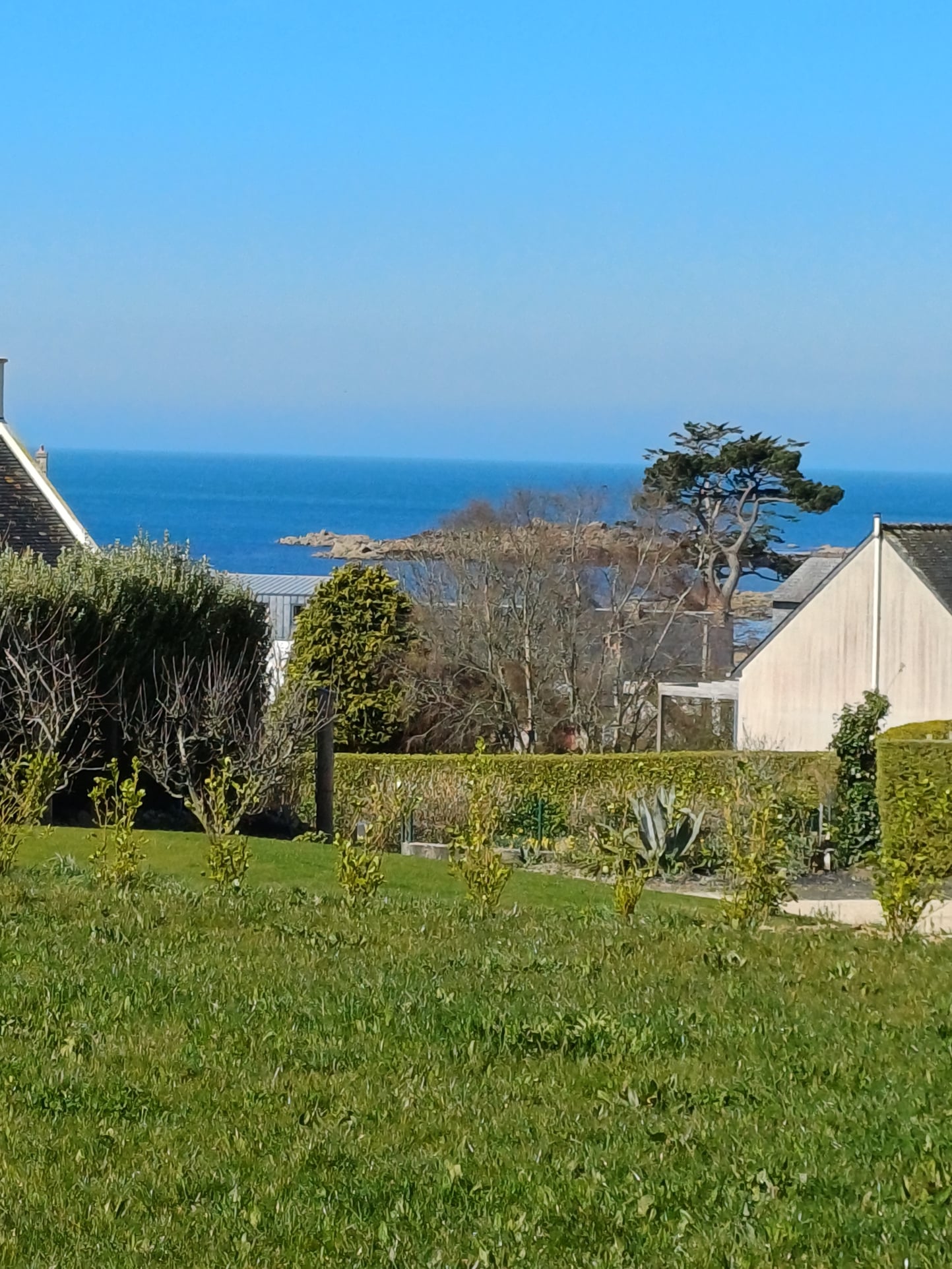Sea view from a Breton stone house in Plougasnou, with a green garden in the foreground.