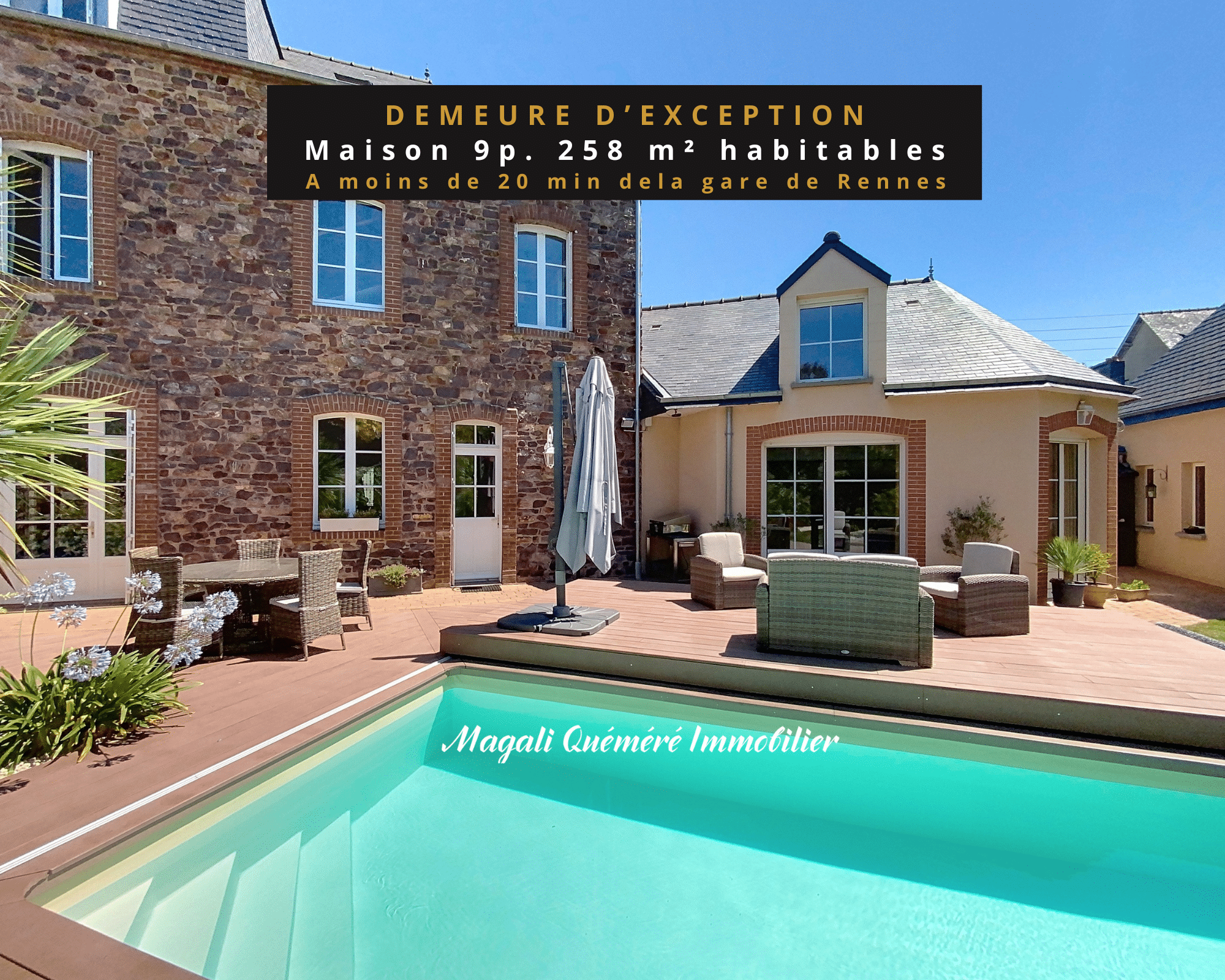 Maison de maître en pierres avec extension contemporaine et piscine à Montfort-sur-Meu.