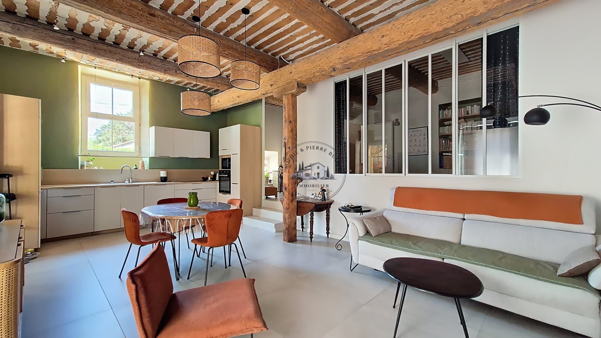 Interior of an 18th century building with modern kitchen and living room, Cheval-Blanc.