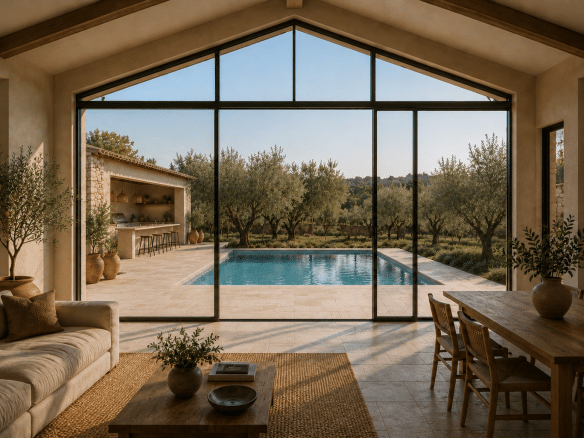Intérieur d'une maison avec vue sur une piscine et des oliviers à L'Isle-sur-la-Sorgue.