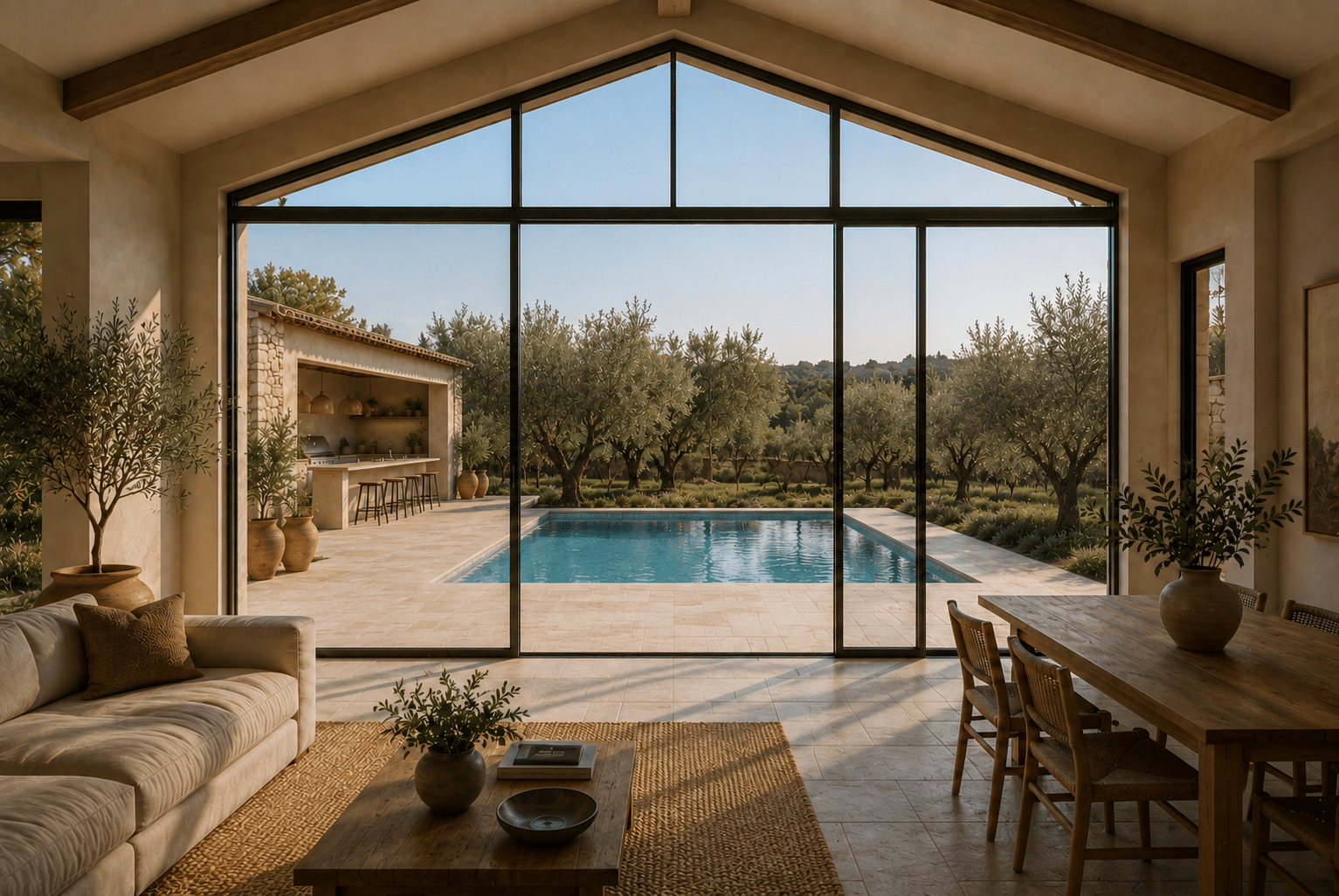 Maison avec vue sur piscine Intérieur d'une maison avec vue sur une piscine et des oliviers à L'Isle-sur-la-Sorgue.