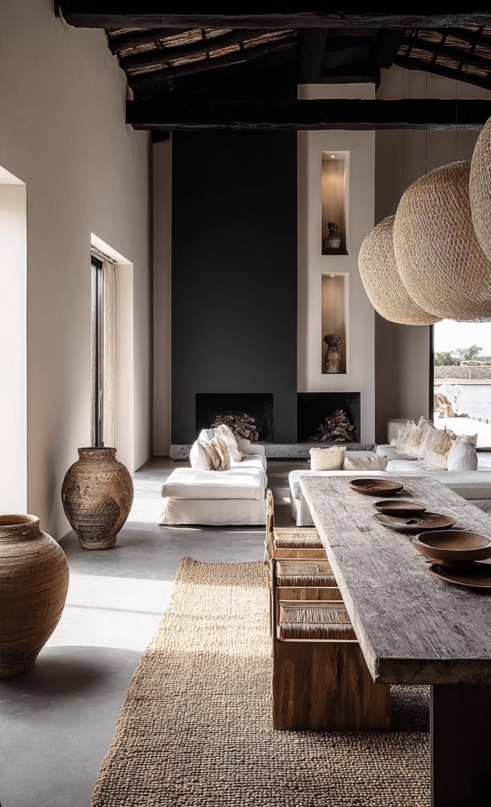 Intérieur élégant d’une maison à L’Isle-sur-la-Sorgue Intérieur d'une maison moderne avec un grand salon lumineux, une table en bois et des éléments décoratifs en osier.