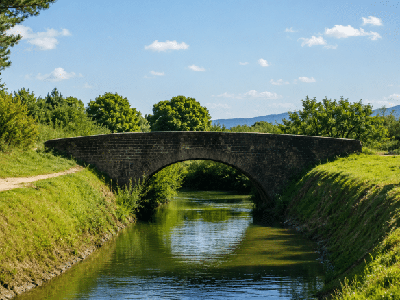 Un pont en pierre au-dessus d'un canal, entouré de verdure et de collines.