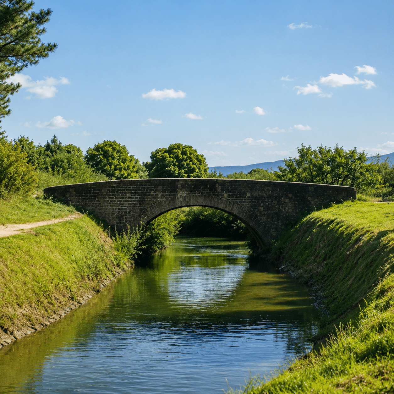 Pont au bord du canal Un pont en pierre au-dessus d'un canal, entouré de verdure et de collines.