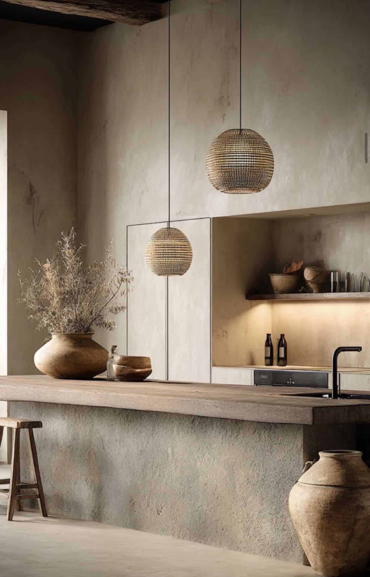 Cuisine élégante et lumineuse Cuisine moderne avec des éléments en terre cuite et des suspensions en osier.