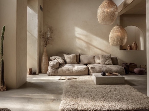 Intérieur d'une maison moderne avec un salon lumineux, des coussins clairs et des suspensions en osier.