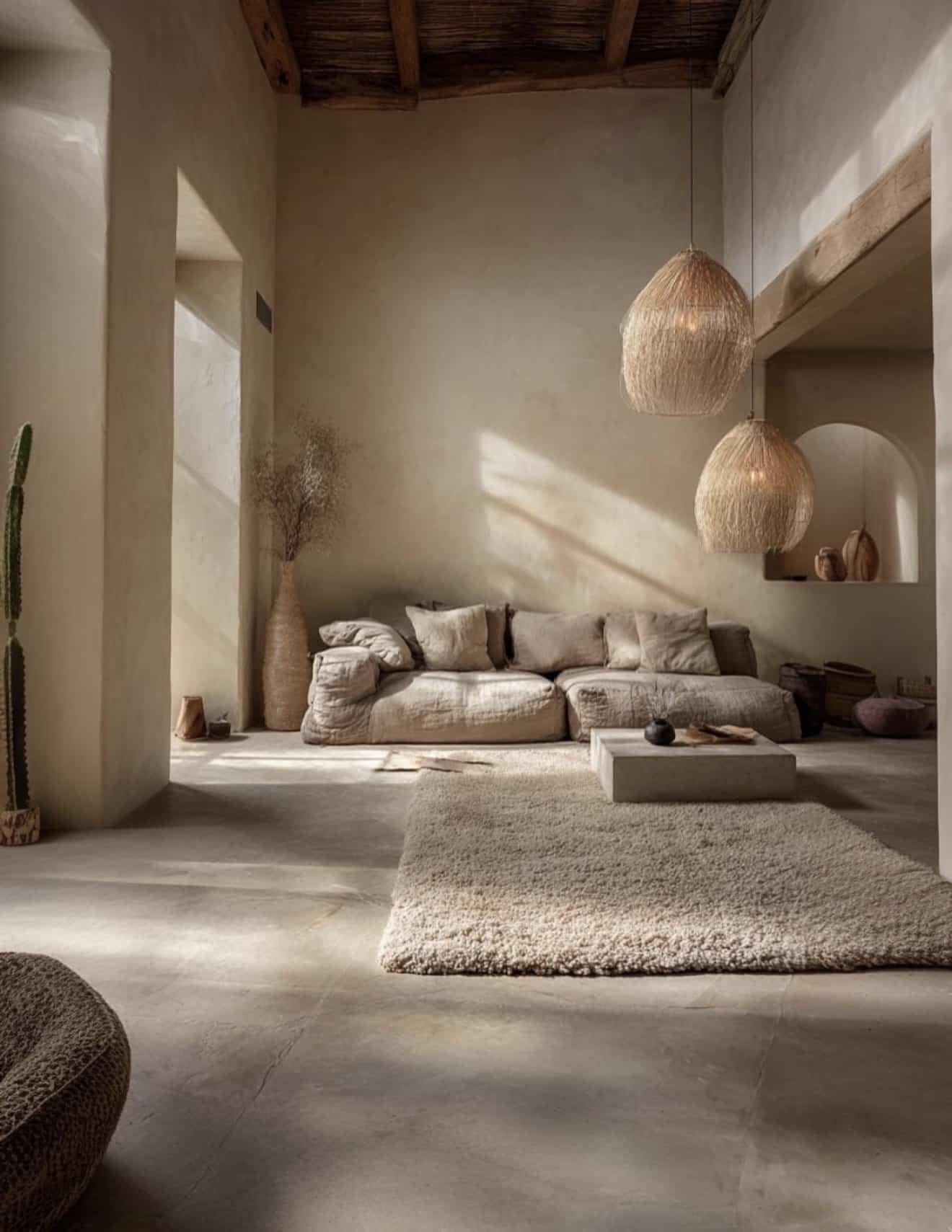 Salon moderne et lumineux Intérieur d'une maison moderne avec un salon lumineux, des coussins clairs et des suspensions en osier.