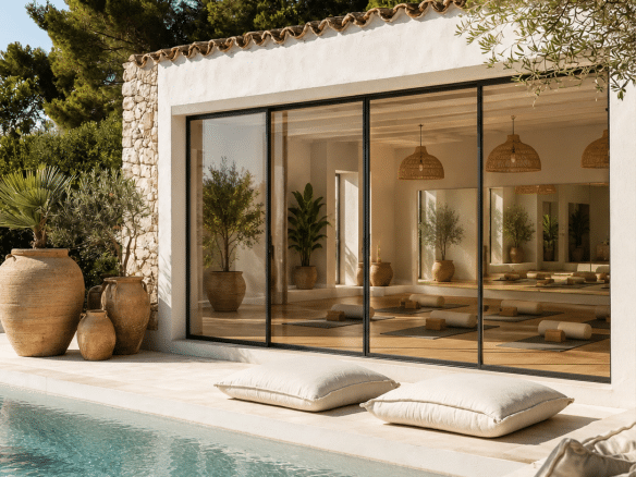 Maison moderne avec piscine et grandes baies vitrées, entourée de verdure à L'Isle-sur-la-Sorgue.