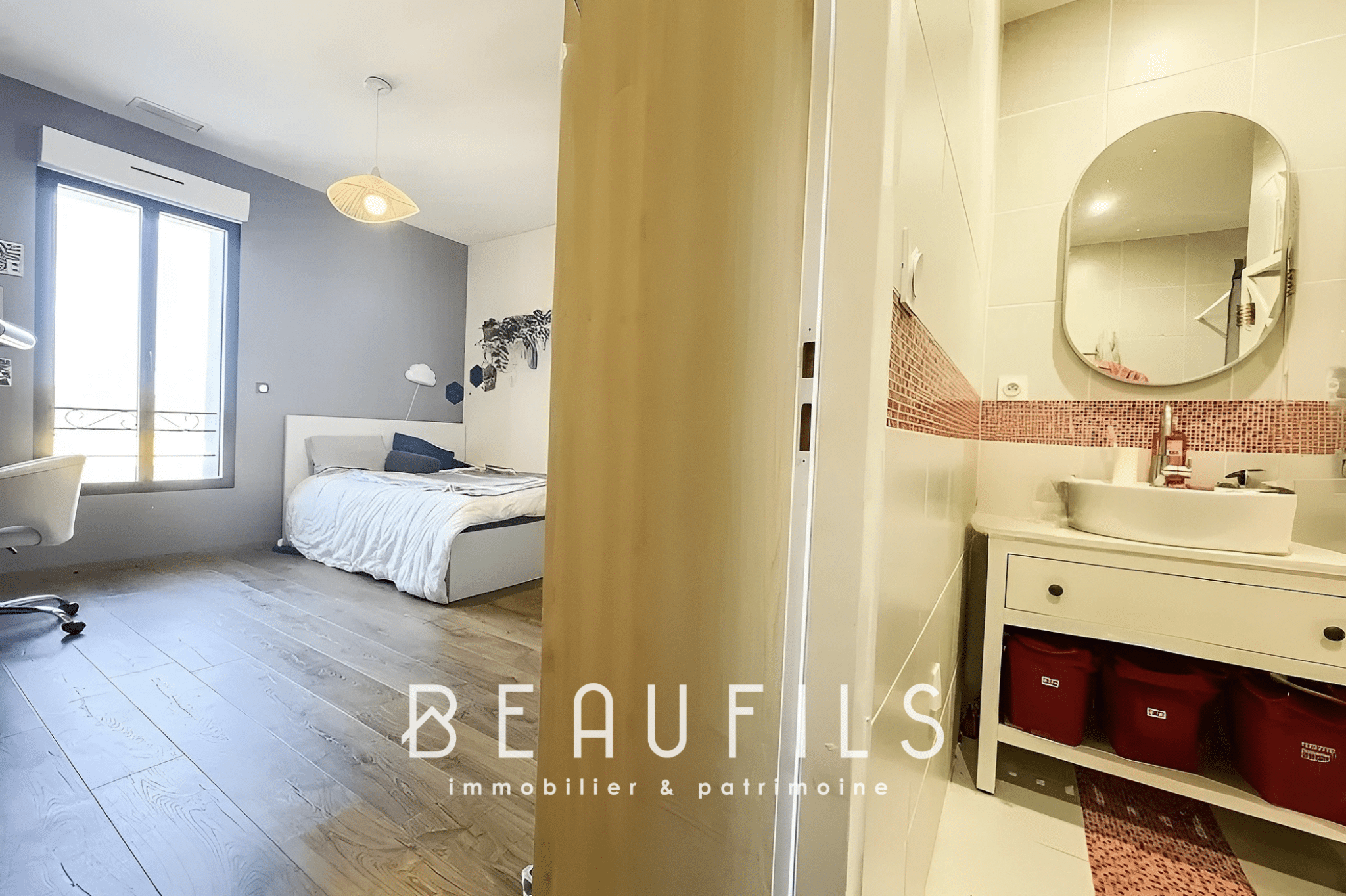 Bedroom in a loft in Mauguio with bed, desk and window.
