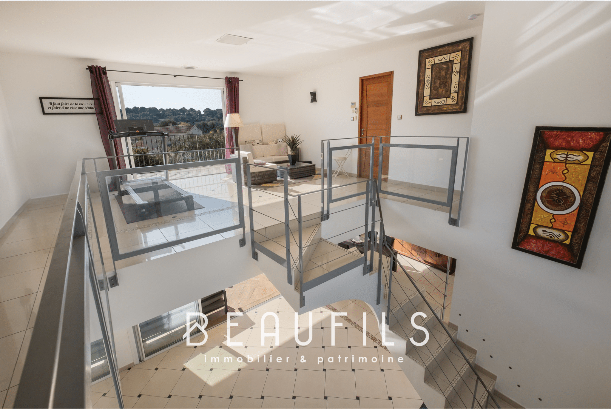 Interior of a modern architect-designed villa with mezzanine and natural light in Nîmes.