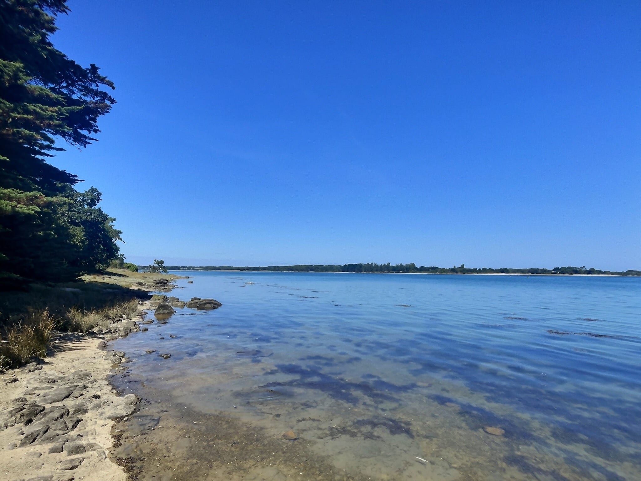 Vue d'une anse préservée entre terre et mer à Pont-l'Abbé, avec un ciel dégagé et des eaux calmes.