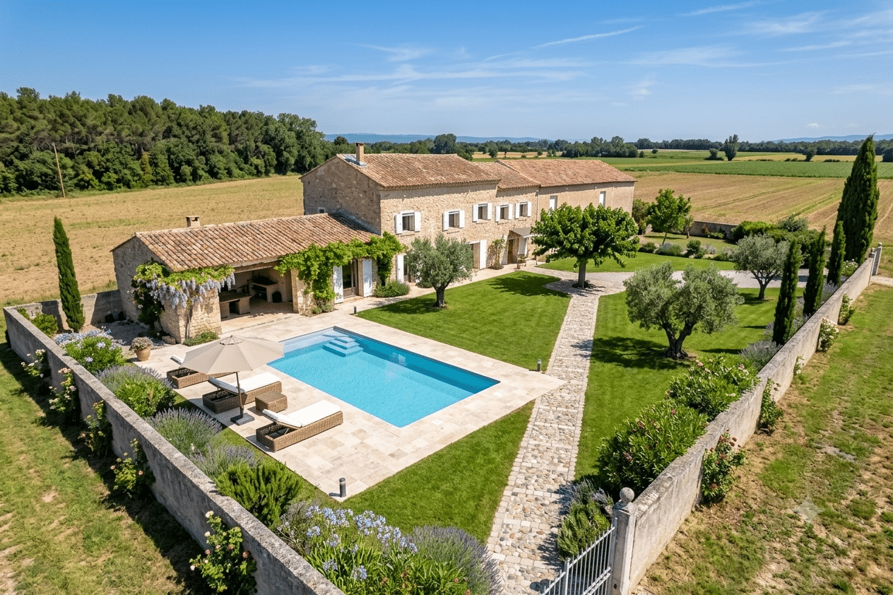 Vue aérienne d'un mas en pierre avec piscine et jardin, entouré de champs à L'Isle-sur-la-Sorgue.