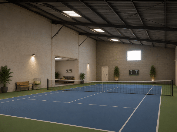 Salle de tennis intérieure avec terrain bleu, banc et plantes, éclairage moderne.
